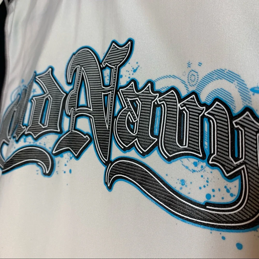 🐶 Old Navy White Tee with Black Raglan Sleeves and Blue Script Logo kid